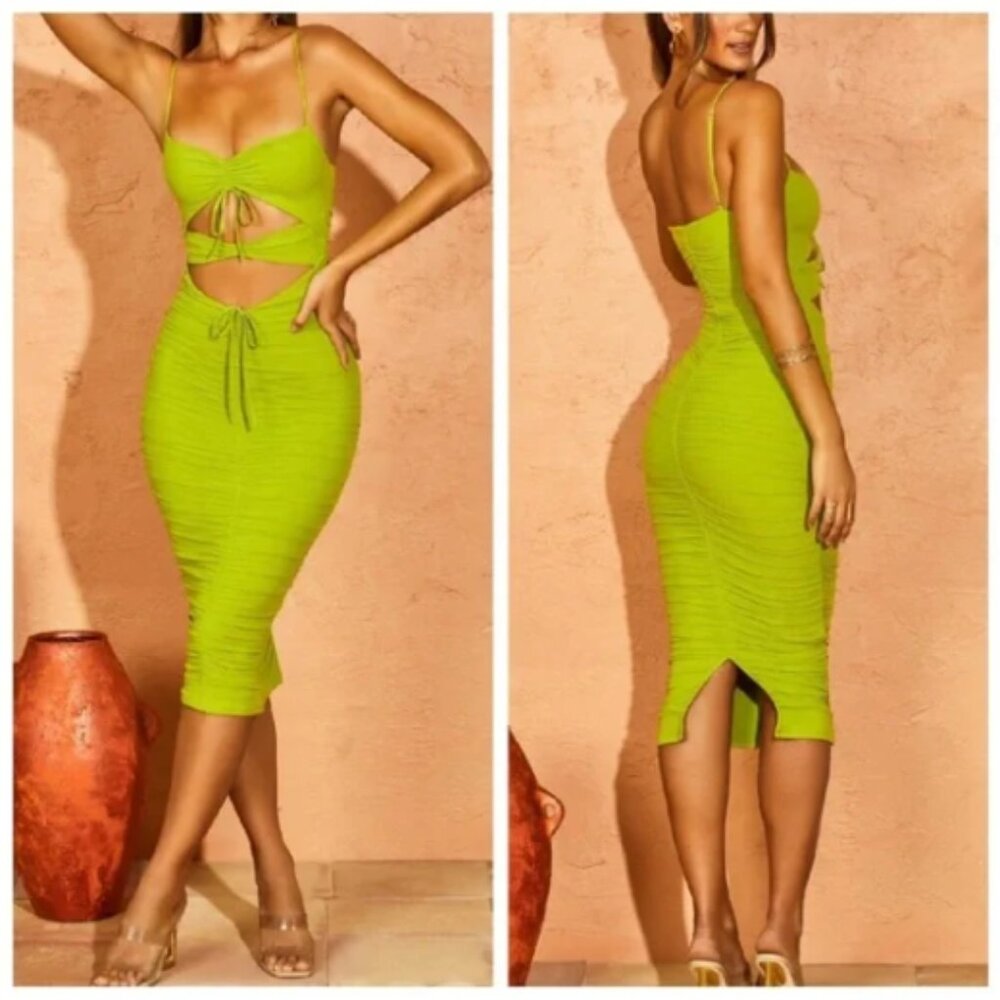 NWT Oh Polly Callisto Green Chartreuse Cut Out Ruched Bodycon Midi Dress Size 6